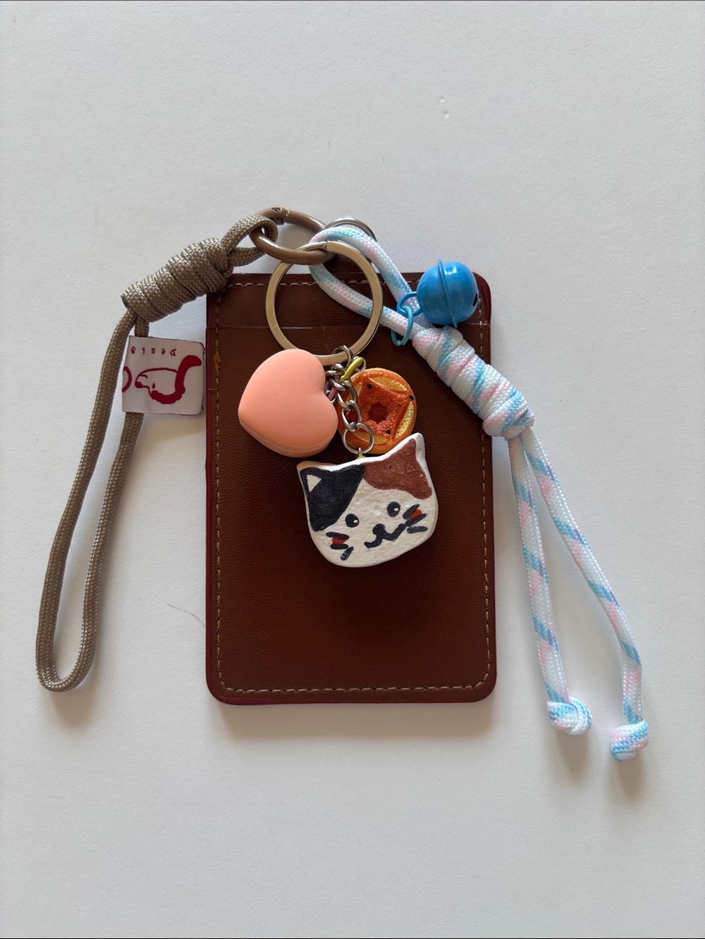 Calico Cat Charm Lanyard Card Holder in Brown with Pink Heart